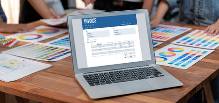 Invoice on computer screen from accounting application. Computer program for financial and budget of corporate business. brisk.の写真素材