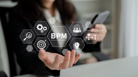 Business Process Management concept showing workflow analysis, process optimization, team collaboration, automation, and performance improvementの写真素材