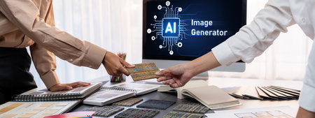Group of interior architect designer team at table choosing various mood board samples with architecture software on laptop screen. Modern renovation and interior material selection concept. Insightの写真素材