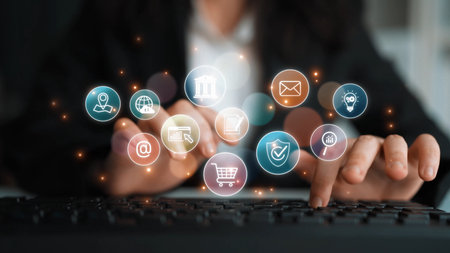 Set of business and digital service icons representing finance, cloud, analytics, email, communication, ecommerce, cybersecurity, and global connectivity in a modern ecosystem Marrowの写真素材