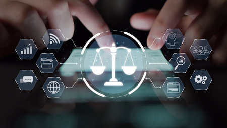 Futuristic digital law interface displaying justice scale, highlighting digital law, AI compliance,...