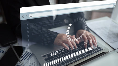 Knowledge upgrade and software update, digital skills improvement, competitive advantage, continuous learning, and staying up to date with latest technology and software trends.の写真素材