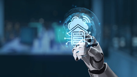 A sleek robotic hand interacts with a digital representation of a cloud storage system, showcasing...