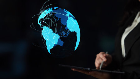 Global network connection visualization showing data exchange, digital link, worldwide communication. Global data flow and digital network infrastructure connecting regions around the world. Thunkの写真素材
