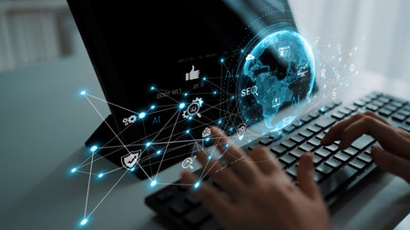 Global AI-powered digital network ecosystem connecting data, finance, analytics, ecommerce,...