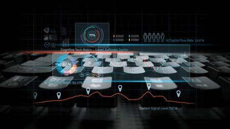 High-tech data visualization dashboard for analytics and performance tracking, including data...