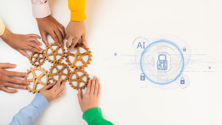 Hands gathering wooden gears represent teamwork and collaboration in a modern workspace, reflecting...