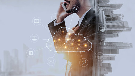 Cloud computing enables cloud, service, and network integration for digital transformation, data access, and scalable platform connectivity.の写真素材