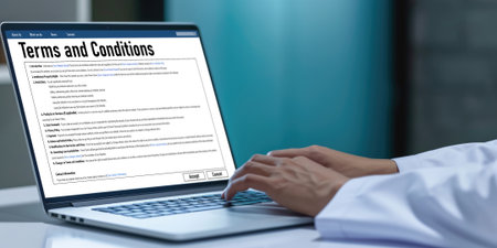 Digital legal contract provide terms and conditions document on computer screen ready for online digital signature for deal agreement of future business briskの素材