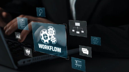 Workflow optimization concept featuring interconnected gears, task management, collaboration, process mapping, review, and automation for business productivity and efficiency.の写真素材