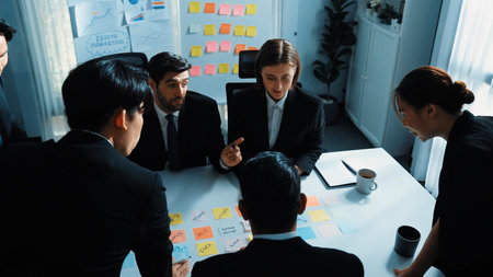 Top down aerial view of smart business man join meeting and present financial plan while diverse business people discuss and brainstorm marketing idea by using sticky notes at conference. Directorate.の写真素材