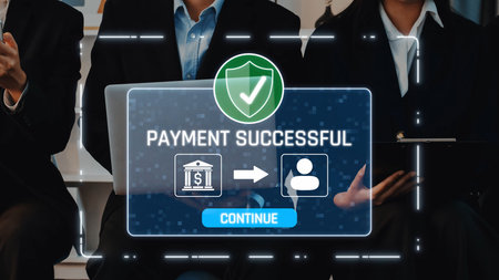 A modern office scene showing a successful payment confirmation on a laptop and a mobile device, symbolizing security and efficiency in digital finance transactions. Rasterの写真素材