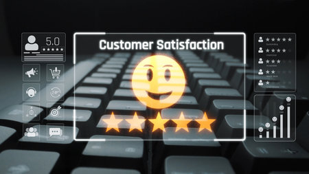 Customer feedback and satisfaction rating system showing star review, happy face, performance score, and service evaluation to improve customer experience.の写真素材