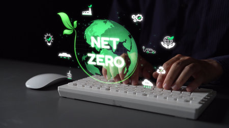 Net zero and sustainability concepts with environmental balance, digital sustainability icons, green energy goals, and eco-conscious digital business transformation for the future. Muxerの写真素材