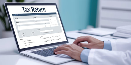 Online tax return form for submitting individual income tax return form brisk on the internet website. Government web for tax payment and return. Taxation technology concept.の素材
