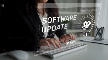 Knowledge upgrade and software update, digital skills improvement, competitive advantage, continuous learning, and staying up to date with latest technology and software trends.の写真素材