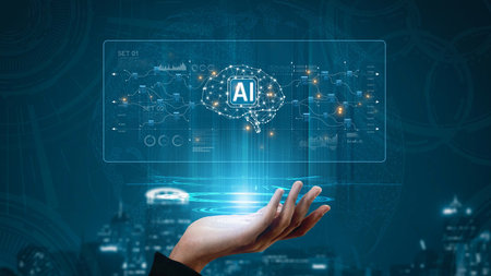 AI neural network and data processing system visualizing artificial intelligence with brain structure, chip, and connected data blocks for computation and learningの写真素材