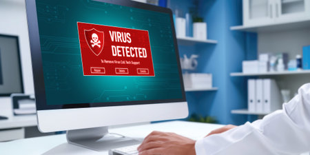 Virus warning alert on computer screen detected brisk cyber threat , hacker, computer virus and malwareの素材