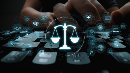 Artificial intelligence enhances legal systems through automation, AI decision support, and legal analytics. Legal system and justice AI transform operations.の写真素材