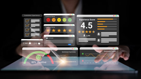 Feedback system with ratings, sentiment meter, and charts representing customer satisfaction and experience analysis Parseの写真素材