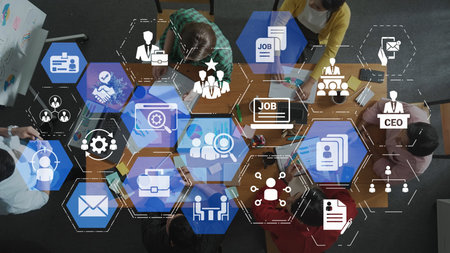 Job search icons show recruitment, HR management, and employee career growth. Job search helps organizations hire talent, job search supports skills, and job search improves workforce. Funnelの写真素材