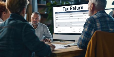 Online tax return form for submitting individual income tax return form brisk on the internet website. Government web for tax payment and return. Taxation technology concept.の素材