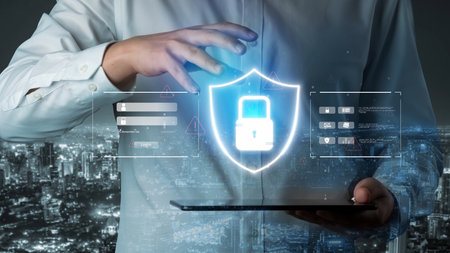 Cyber security protection and cyber security strategies against cyber threats, system hacks, digital breaches, network attacks, and safeguarding data with strong cyber security infrastructure.の写真素材