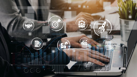 Project management dashboard showing project management strategy, planning, project management workflow, and project management team icons for better coordination.の写真素材