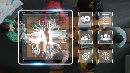 A high-angle view of a diverse team discussing AI technology solutions over digital devices. Visual elements like icons and graphs enhance the atmosphere of innovation and collaboration. Rasterの写真素材