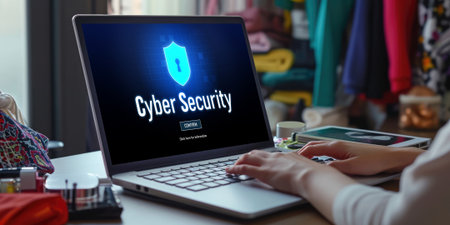 Cyber security system on computer screen protect private information brisk from hacker and cyber attackの素材