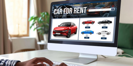 car rental website on computer screen for tourist to rent a car for transportation briskの素材