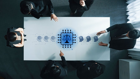 A diverse business team engages in a thoughtful discussion about AI ethics and law implementation, highlighting the intersection of technology and justice.の写真素材