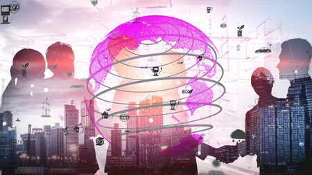 This image illustrates the concept of business partnerships with digital technology and global connectivity, featuring human silhouettes against a city background.の写真素材