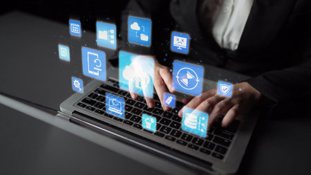 Cloud backup system connects devices through a secure data backup network. Data backup ensures protection, data backup reliability, and recovery.の写真素材