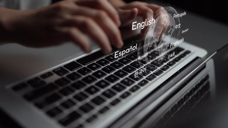 Global communication with multiple languages, digital translation tools, multilingual technology, cross-cultural communication, and virtual language learning environments.の写真素材
