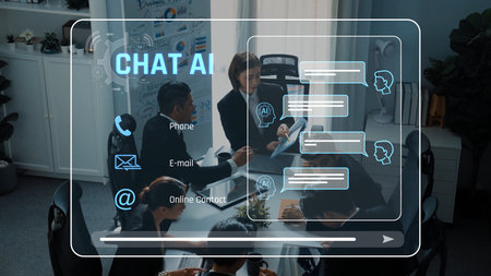 A diverse group of business professionals collaborates using chat AI technology in a modern office, enhancing communication and streamlining teamwork for better productivity. Rasterの写真素材