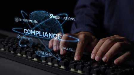Compliance ensures alignment with standards, laws, and policies. A strong compliance system helps enforce regulation, protect organizations, and improve global compliance transparency.の写真素材