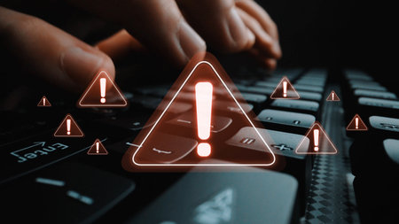 Cybersecurity alert warning showing red cyber for data breach, network threat, and cyber security system vulnerability with emphasis on security risk, caution, digital protection Marrowの写真素材