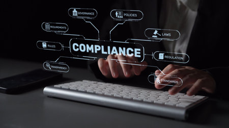 Compliance ensures alignment with standards, laws, and policies. A strong compliance system helps enforce regulation, protect organizations, and improve global compliance transparency.の写真素材