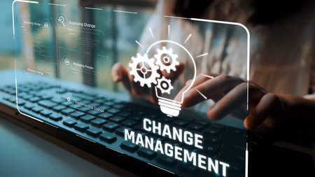 Change management strategy combining innovation, globalization, and teamwork to enable business transformation and emotional engagement in modern organizations.の写真素材