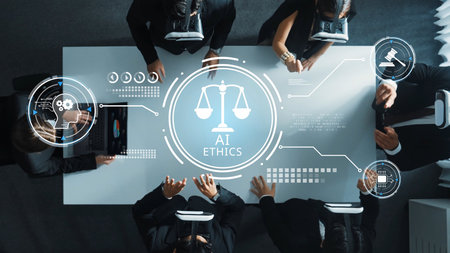 A group of professionals in a modern conference setting discusses AI ethics, surrounded by high-tech...