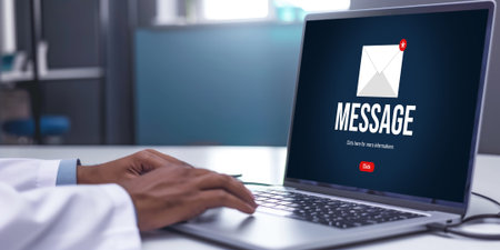 Email notification message showing on computer screen brisk. Digital marketing message information text from business to customer clientの素材
