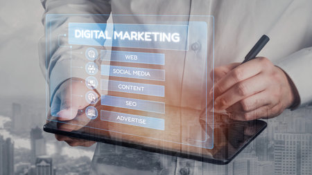 Digital marketing strategy broken down into categories: web, SEO, content, social media, and advertise. Digital tools enhance online marketing success across digital platforms.の写真素材