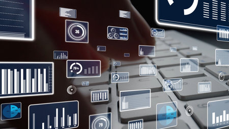 This dynamic image captures hands typing on a keyboard, surrounded by vibrant data visualizations...