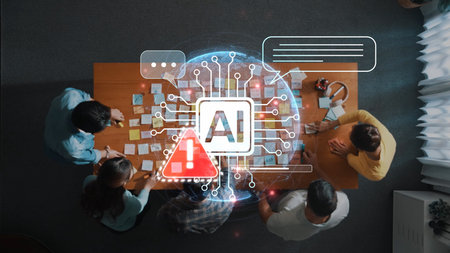 A dynamic scene captures a team engaged in collaboration around a conference table, exploring innovative artificial intelligence ideas with digital graphics enhancing their discussion.の写真素材