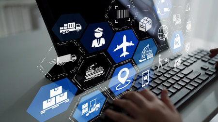 Icons illustrate delivery, supply chain, warehouse, and shipping. Connects global trade, optimizes...