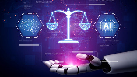 AI is transforming society, raising important ethics questions. Ethics in AI design ensures fairness. AI ethics promote responsible decisions. Balancing AI power with strong ethics is essential.の写真素材