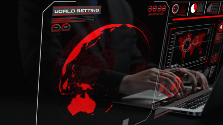 High-tech global network connection interface showing worldwide digital communication, data...