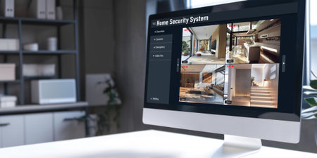 Online home security system showing live view of cctv cameras around the private property briskの素材