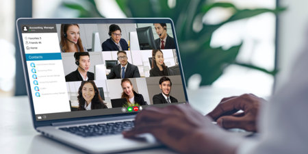 Business people on video conference for brisk virtual group meeting of corprate business office workersの素材